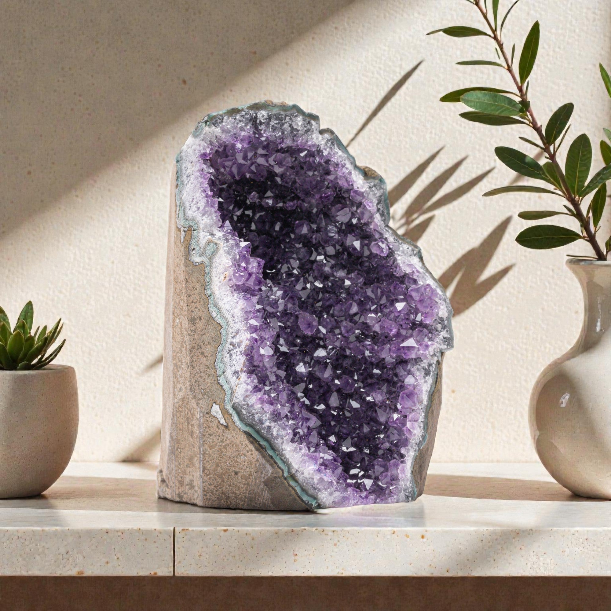 Dimensions: 6.5 to 10.5" Height
Natural crystal from Uruguay with Cut Base.
Large Deep Purple Cluster - Statement Piece
This large premium Uruguayan amethyst cluster (10-12.5 lb) carries the luminous depth of natural amethyst stone from Uruguay's renowned crystal mines.