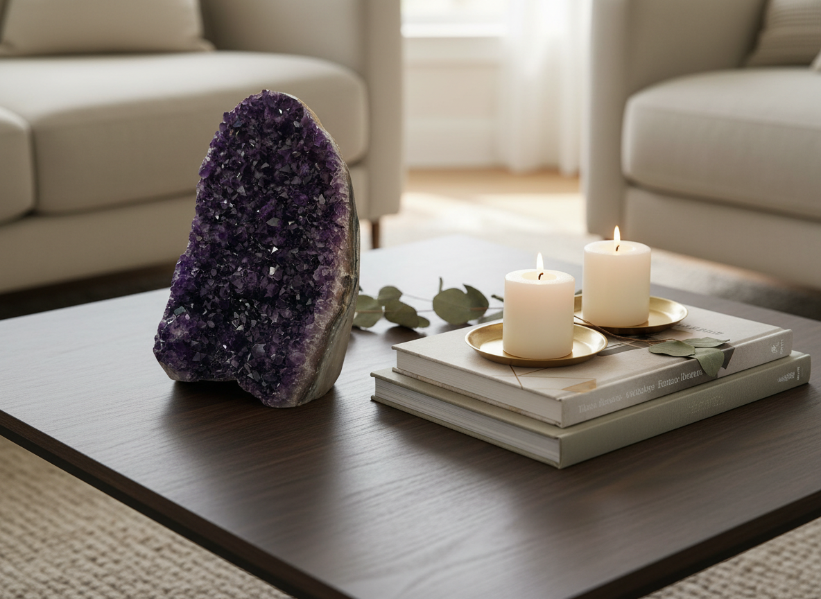 Upright amethyst cluster from Uruguay with rich purple crystals and strong light reflections highlighting its faceted surface.