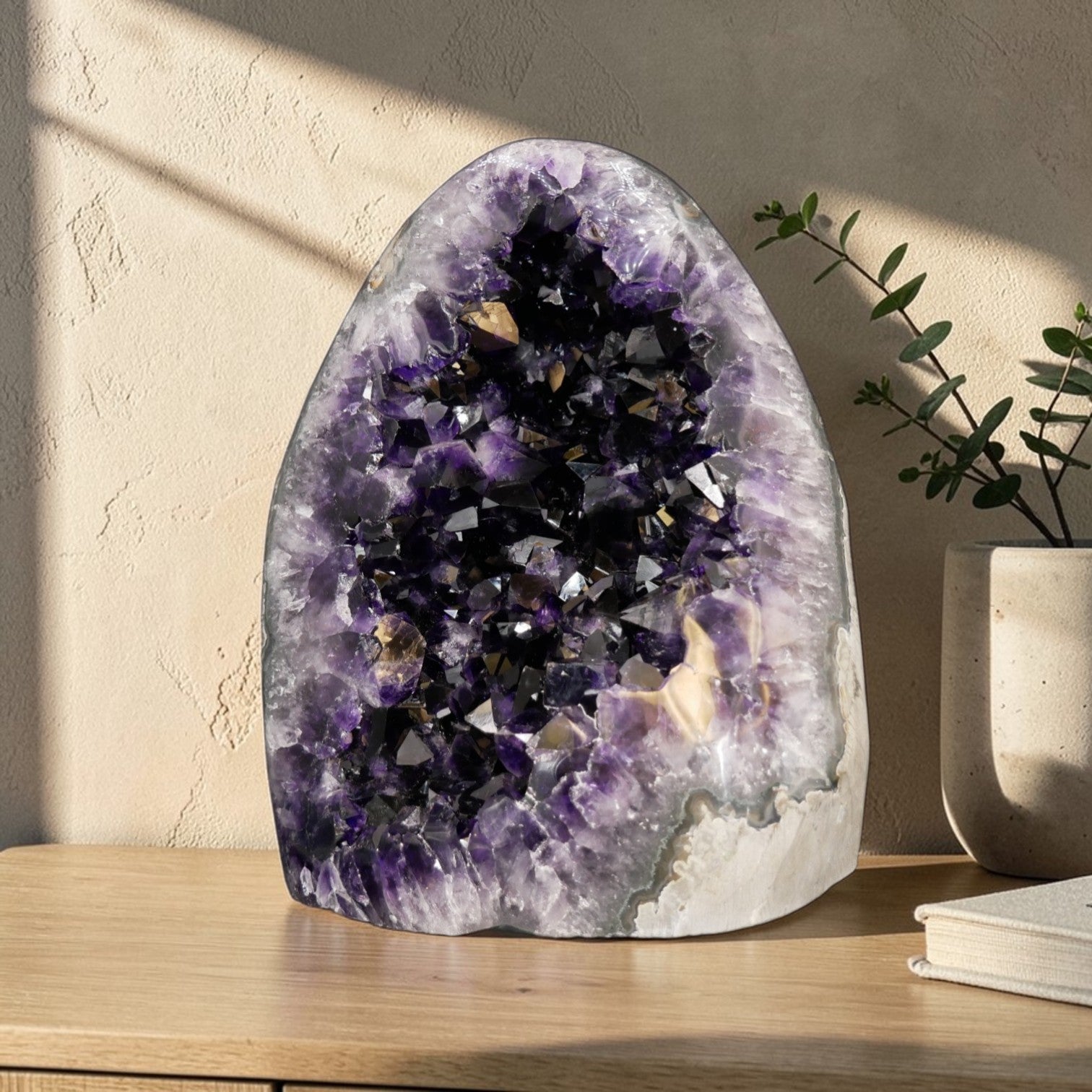 Natural amethyst cathedral with dark violet crystal formation and visible agate banding, 21.80 lb, Uruguay