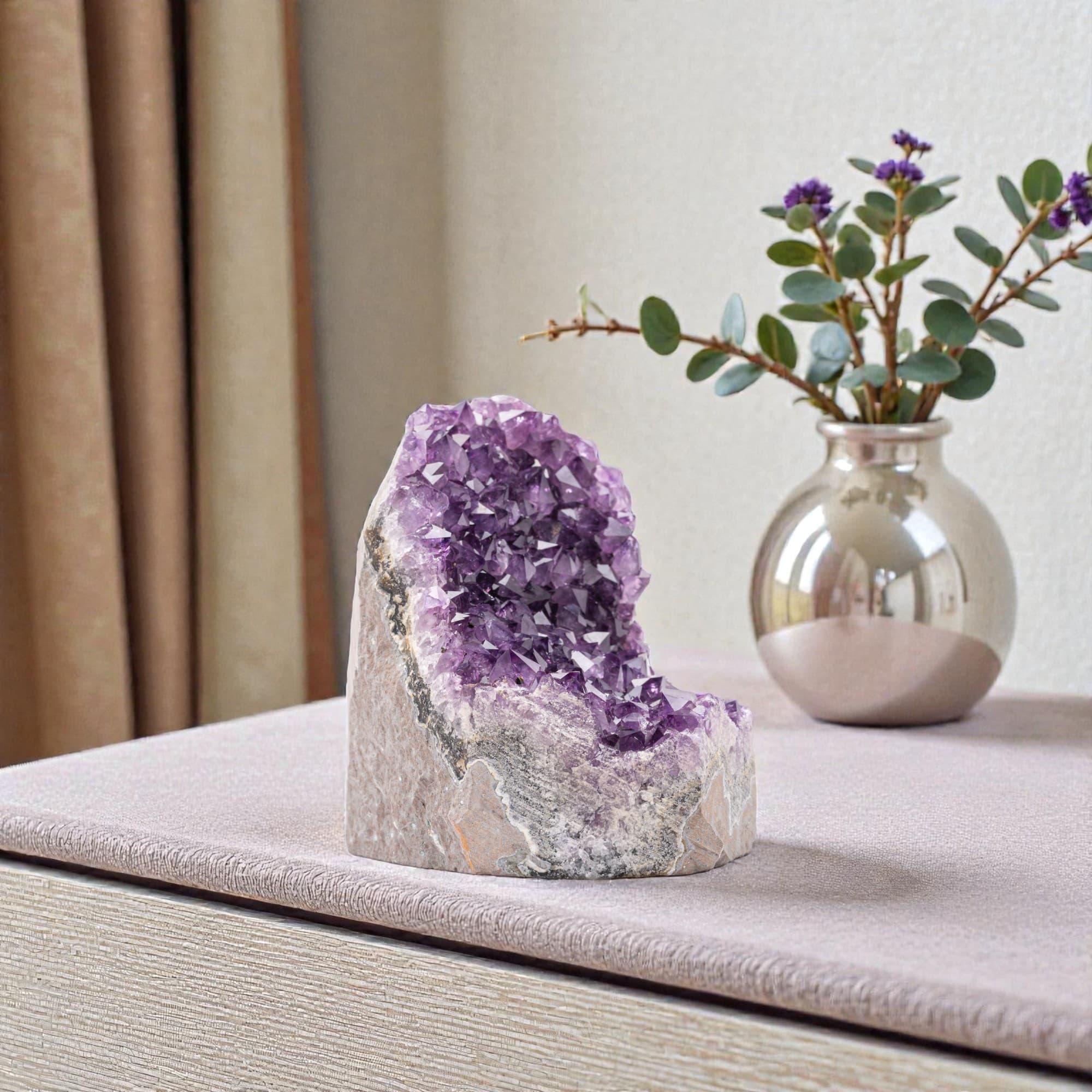 Small amethyst geode, buy affordable amethyst. As compact crystal decor for office desks, work-from-home spaces.