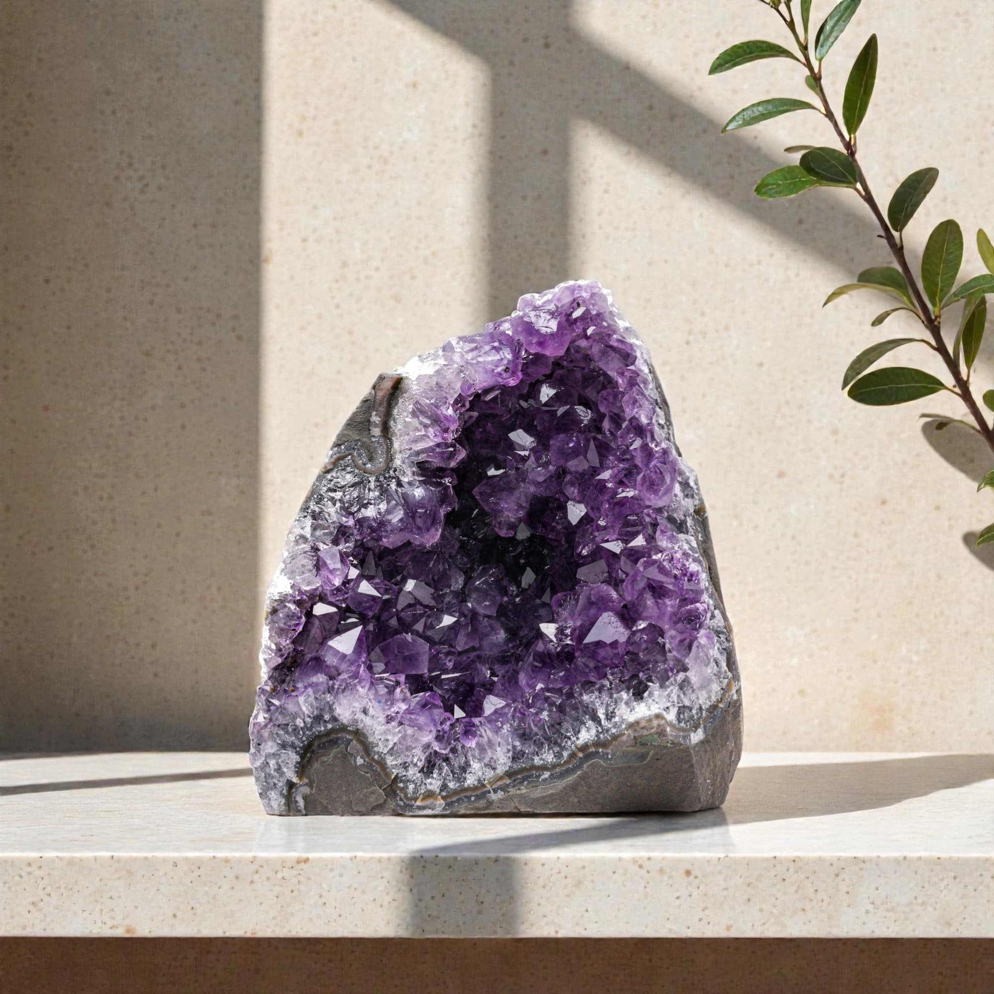 What does a 2 -3 lb Uruguayan amethyst cluster look like? A 4–7 inch tall piece with deep purple natural crystal points and raw stone base, ideal for desk or shelf decor.