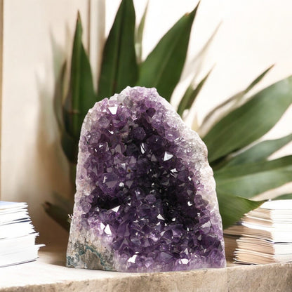 Amethyst geode featuring rich purple crystals and a natural stone exterior, approximately 4.5 to 9 inches in height.